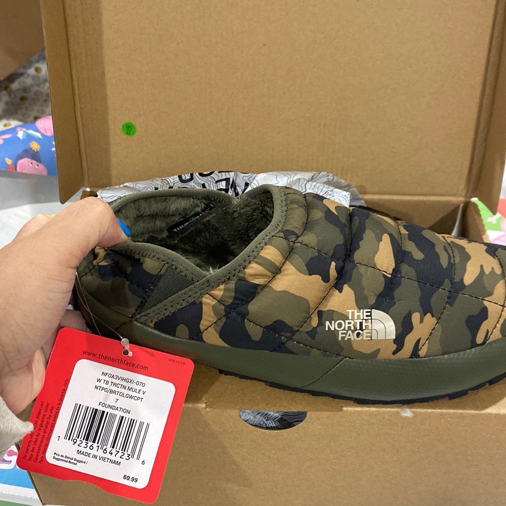 Brand new camo North Face Thermoball mules 7 women’s